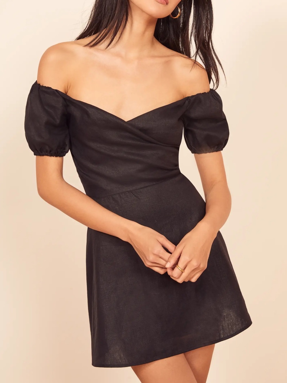 Reformation Bowie Black Linen Off Shoulder A-Line Mini Dress Size 8
